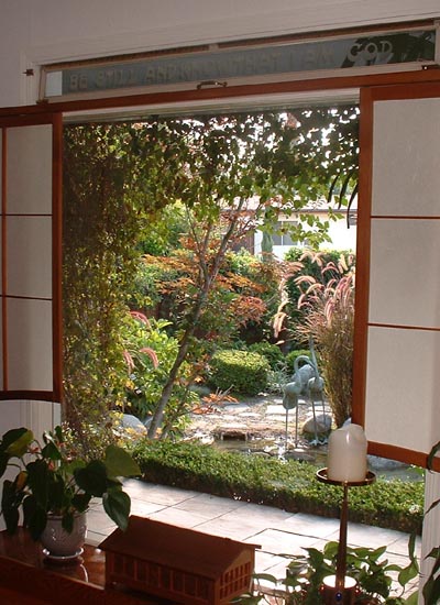 A view from the Chapel window out to the Reflection Garden